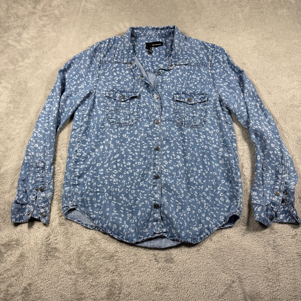 The Kooples Button Up Shirt Womens Small Blue Leopard Print Tencel Long Sleeve